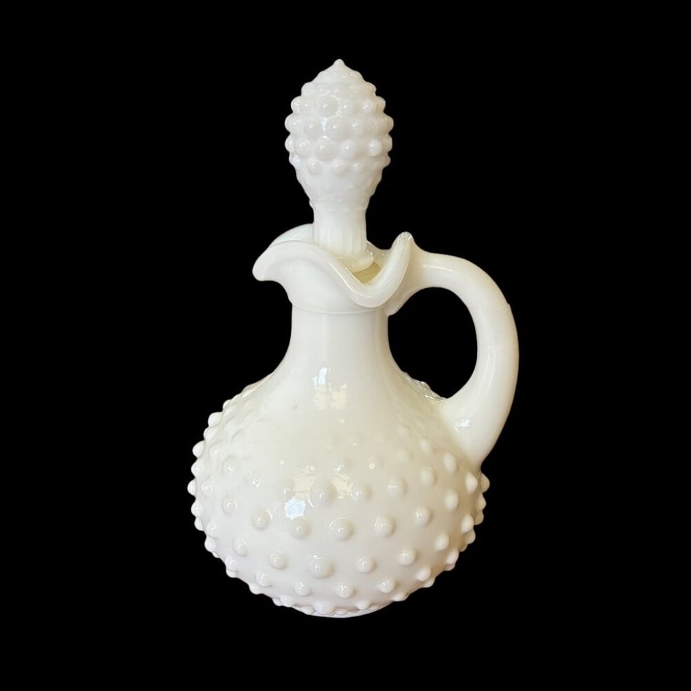 Vintage Avon White Hobnail Milk Glass Cruet Bottle w/ Stopper, 1970s